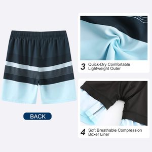 Shorts de bain pour hommes à blocs de couleur, design à panneaux rayés, séchage rapide, cordon de serrage, tenue décontractée de plage - Product Image 3