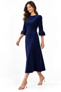 Vestido midi de pana azul marino para mujer con cuello redondo y mangas con volantes de tres cuartos - Product Image 4