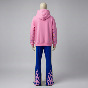 Conjunto de Sudadera con Capucha Rosa Personalizada y Pantalones Deportivos Anchos con Estampado de Llamas y Grafiti, Ropa Deportiva Urbana para Hombre y Mujer - Product Image 3