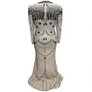 Robe de soirée perlée faite à la main, robe de fête en maille à manches longues, tenue de banquet pour femmes - Product Image 2