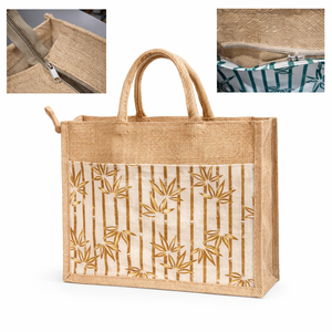 Sac fourre-tout en jute imprimé avec fermeture éclair, motif bambou, écologique, biodégradable, pour courses, robuste - Product Image 1