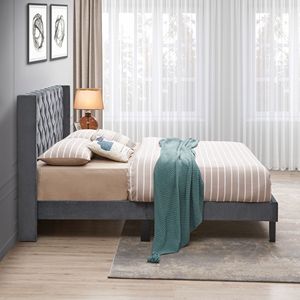 Letto imbottito Queen in velluto grigio con bottoni trapuntati, robusto supporto a doghe in legno, facile da montare, design con ali laterali - Product Image 3