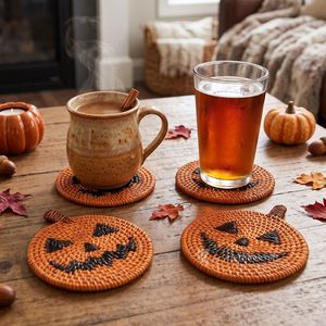 Ensemble de 4 tapis ronds réutilisables en rotin, motif citrouille et Jack-O'-Lantern, écologiques, pour la décoration de table d'automne et d'Halloween - Product Image 4