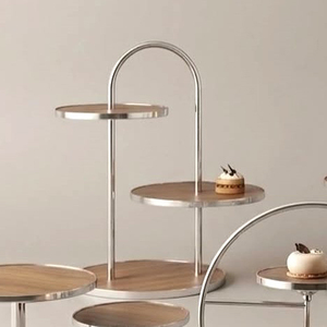 Modern Style 3-<b>Tier</b> <b>Cake</b> Stand Features Round Wooden <b>Tiers</b> On An Arched Silver Metal Frame, Ideal For Luxury Buffet Display - Product Image 3