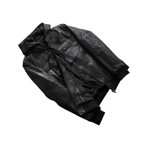 Blouson bomber en cuir noir pour homme, coupe ajustée, fermeture éclair, style motard - Product Image 2