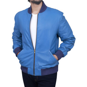 <b>Men's</b> Blue PU Bomber <b>Jacket</b> Casual Zipper Closure Turn-Down Collar Winter Wear OEM/ODM Service <b>Leather</b> <b>Jacket</b> For Sale - Product Image 3