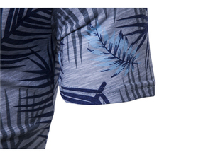 Men's Slim Fit Short Sleeve T-Shirt With Blue Palm <b>Leaf</b> Print O-Neck Casual Breathable Knitted Polyester Top - Product Image 4