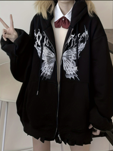 Sweat à capuche zippé personnalisé marron avec motif papillon, coupe oversize, style streetwear Y2K, imprimé gothique vintage, épais, unisexe - Product Image 5