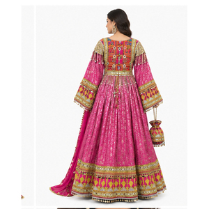Vestido de novia tradicional Salwar Kameez rosa bordado hasta el suelo para mujer con dupatta, bolso Potli, vestido afgano Kuchi - Product Image 3