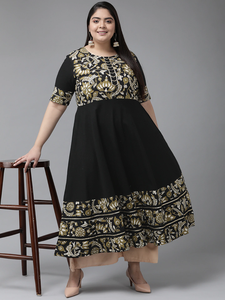 Women's Plus Size Cotton Anarkali <b>Kurti</b> featuring Round Neck Short Sleeves and Comfortable Daily Wear <b>Kurti</b> in Black - Product Image 4