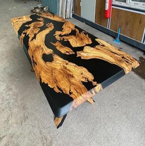 Mesa de Comedor Rectangular de Madera de Nogal y Resina Epoxi Hecha a Mano, con Borde Natural, Diseño Moderno Costero y Patas de Metal, para 4 Personas - Product Image 4