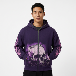 เสื้อฮู้ดซิปผู้ชาย พิมพ์ลายหัวกะโหลก แขนลายเปลวไฟ สไตล์พังก์ สตรีทแวร์ เสื้อฮู้ดซิปเต็มตัว - Product Image 4