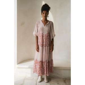 Robe longue ample à fleurs pour femme, manches longues, col noué, style bohème, robe décontractée en coton imprimé - Product Image 1