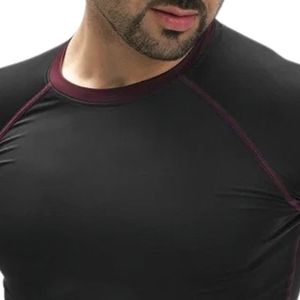 <b>Black</b> Burgundy Men Short Sleeve Athletic T <b>Shirt</b> Contrast Seam Crew Neck Compression Slim Fit Training Workout Sports Gym <b>Tee</b> - Product Image 2