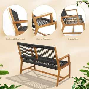 Banc d'extérieur en bois d'acacia pour 2 personnes avec dossier et accoudoirs en corde tressée pour terrasses - Product Image 6