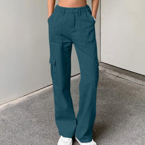 Ladies Stylish Custom <b>Summer</b> Cargo <b>Pants</b> Washed Mid Flat Front Elastic Waist Breathable Polyester/Cotton Baggy Pockets - Product Image 2