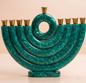 Handmade Luxury Green Resin & Brass Menorah - Elegant 9-<b>Branch</b> Hanukkah Candle Holder for Festive Home Decor & Judaic Gifts - Product Image 3
