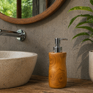 ARTERRA Distributeur de savon moderne en teck écologique durable de luxe, pompe en acier inoxydable, flacon de lotion liquide rechargeable - Product Image 6