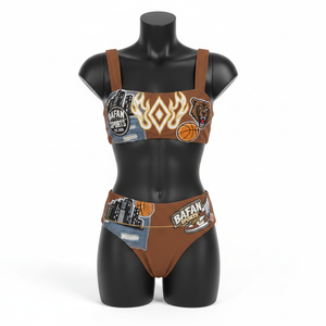 ชุดบิกินี่คุณภาพสูง 185 GSM ผ้าโพลีสแปนเด็กซ์สีน้ำตาล ผ้าเนื้อยืด แต่งผ้าเดนิมลายขาด ปักโลโก้ สำหรับผู้หญิง - Product Image 6