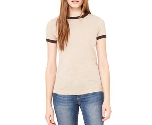 Camiseta Corta Beige con Cuello en V para Mujer, Estilo Urbano, con Ribete Marrón, Corte Holgado, Manga Corta, Informal, 100% Algodón, Transpirable, para Verano - Product Image 1