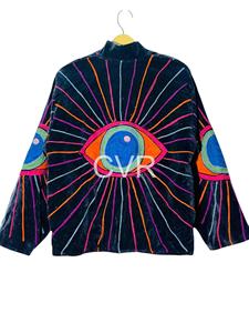 Veste décontractée en coton pour femmes grandes tailles, style vintage, broderie florale, col mandarin, automne - Product Image 1