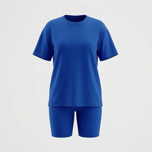 Conjunto Deportivo de 2 Piezas Azul para Mujer, Camiseta de Manga Corta y Pantalones Cortos por Encima de la Rodilla, Cuello Redondo, Secado Rápido, Tejido de Punto, Corte Regular - Product Image 1