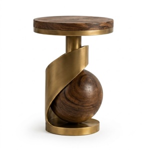 Contemporary Round Side Table with Walnut Wood <b>Top</b> and Brass Spiral Base for Living Room Home Furniture - Product Image 1