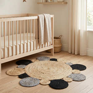 Decorative <b>Round</b> Jute Rug with Soft Fringe Border for Contemporary Living Room Styling - Product Image 1