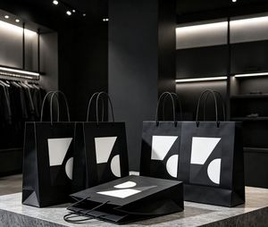 Sacs shopping en papier noir de luxe avec logo géométrique blanc imprimé, poignées torsadées, papier recyclable, sac plat standard - Product Image 1