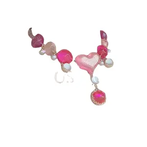 Collana con clavicola d'amore rosa Barbie collana con catena a clavicola in stile aristocratico esagerato con ciondolo rubino di perle