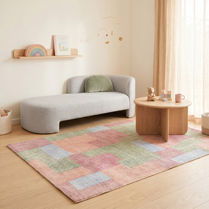 Tapis tufté à la main rose et vert pastel, antidérapant, écologique, motif géométrique abstrait moderne, blocs de couleur, à poils épais pour - Product Image 4