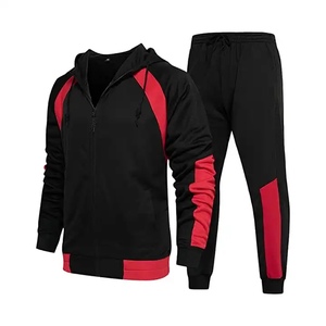 ชุดวอร์มผู้ชายสีดำแดงแบบมีฮู้ด ซิปเต็มตัว สไตล์สปอร์ตแคชชวล สำหรับฤดูใบไม้ร่วง ทรงปกติ ผลิตจากโพลีเอสเตอร์ เสื้อและกางเกงขายาว - Product Image 1