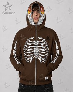 Brown Hooded <b>Zipper</b> <b>Sweatshirt</b> Men Skull Flame Print Casual Skeleton Design Regular Fit Autumn Wear - Product Image 3