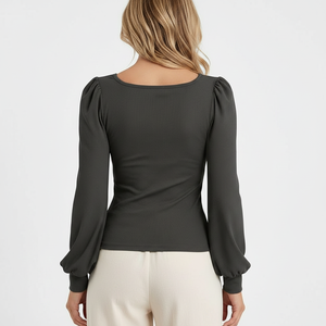 Haut de printemps côtelé à col carré et manches bouffantes, en maille ajustée à manches longues, style décontracté et tendance, avec poignets côtelés, personnalisable OEM, fabricant grossiste - Product Image 2