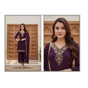 Conjunto de 3 Piezas Sharara Gharara con Bordado Indio, Traje Tradicional Étnico de Georgette y Seda para Invierno, Verano, Fiestas, Bodas y Diwali - Product Image 1