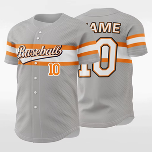 Custom Sublimated Mens Baseball Jersey Gray Orange White Striped Front Logo Button Closure Regular Fit Breathable <b>Mesh</b> <b>Short</b> Sle - Product Image 4