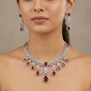 Classic Silver-Plated Ruby Zircon Necklace Set with Pear <b>Cut</b> <b>Stones</b> Gala Style Women Indian Wedding Bridal Jewelry - Product Image 6