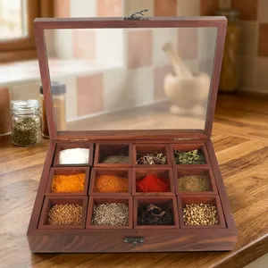 Caja de especias de madera de Sheesham con 12 recipientes, tarros y cuchara, organizador de especias de cocina de madera, Masala Dabba, Masala Dani, para condimentos - Product Image 5