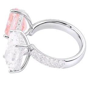 Luxury IGI Certified Silver <b>Two</b> <b>Stone</b> Cushion Cut Eternity Band <b>Ring</b> Pink Crystal Engagement Anniversary Wedding Party Statement - Product Image 4