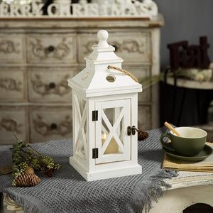 Farol de Madera Blanco Vintage, Portavelas Decorativo, Farol Rústico para Decoración del Hogar, Centro de Mesa para Bodas - Product Image 5