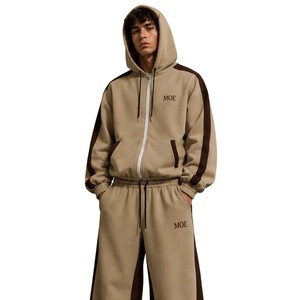 Al por mayor Conjunto de sudadera y pantalón de chándal unisex de peso pesado, con cremallera completa, estilo oversize, bloques de color, rayas en contraste, sudaderas con capucha de corte holgado y pantalones de chándal de pierna ancha y holgados para hombre - Product Image 5