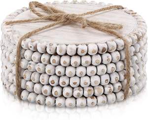 แผ่นรองแก้วไม้มะม่วงสีขาว สไตล์บ้านไร่ แบบเรียบง่าย ประดับลูกปัด ทรงกลม สไตล์โบโฮ สำหรับเครื่องดื่ม บาร์ โต๊ะกาแฟ โต๊ะครัว - Product Image 1