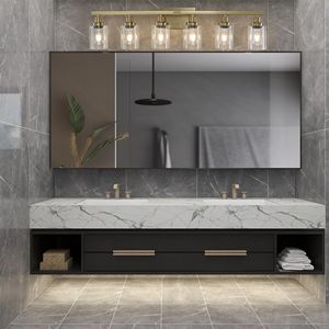 Moderna Lampada da Parete Dorata a 6 Luci da 37 Pollici con Paralumi in Vetro Trasparente e Struttura in Ferro per Specchio e Bagno - Product Image 4