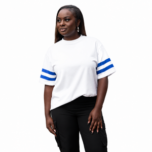 Women <b>White</b> Short Sleeve T-Shirt With Blue Stripes Crew Neck Regular Fit Casual Jersey Cotton <b>Top</b> - Product Image 1