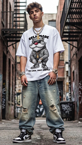 T-shirt blanc pour homme à manches courtes, col rond, imprimé loup, style streetwear, jersey 100% coton, écologique - Product Image 5