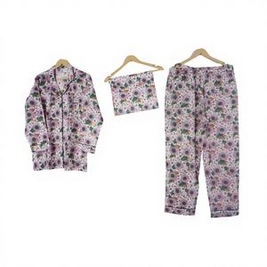 Conjunto de pijama de algodón ultrasuave para mujer Vestido de noche con estampado floral de bloque de mano con longitud larga y decoración de botones Ropa ligera - Product Image 1