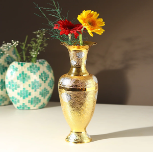 Elegant dark brass <b>vase</b> featuring bold golden floral panels, a flared rim, and a slender pedestal. Available at wholesale prices - Product Image 5