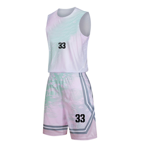 Conjunto de Camiseta sin Mangas y Pantalones Cortos con Cintura Elástica, Absorbente de Humedad, con Estampado Sublimado, Unisex para Adultos, para Baloncesto, Color Azul Marino y Rosa, Cuello en V - Product Image 1