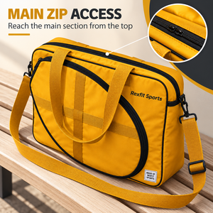 Sac de raquette de squash jaune moutarde zippé, équipement sportif personnalisé avec poche avant et poignées de transport pour clubs et entraînements - Product Image 3