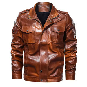 Veste moto en cuir véritable marron pour homme, col rabattu, simple boutonnage, manches classiques, couleur unie, pour l'automne - Product Image 1